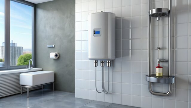 Modern instantaneous water heater installed on a wall in a sleek bathroom, with sleek pipes and a digital temperature display in focus.