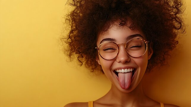Photo of crazy girlfriend makes funny face crosses eyes and sticks out tongue plays fool doesnt want to be responsible being in good mood models indoor against yellow studio background : Generative AI