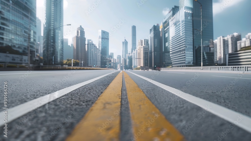 Poster empty road with panoramic cityscape : generative ai