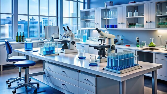 Modern laboratory equipment and supplies, including microscopes, test tubes, and petri dishes, arranged on a clean and organized workstation in a clinical laboratory setting.