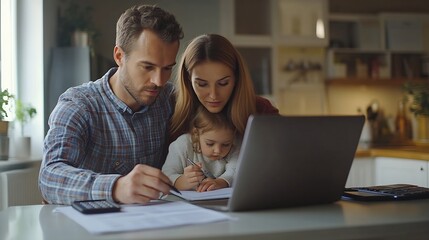 Young family managing budget reviewing their bank accounts using generic laptop pc and calculator in kitchen Husband and wife doing paperwork together paying taxes online on notebook c : Generative AI