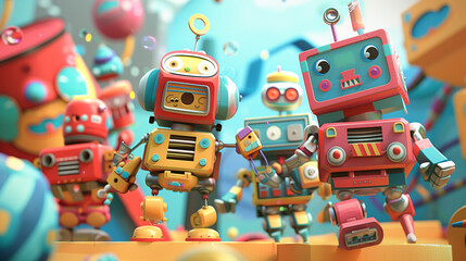 Fototapeta premium 3d render digital futuristic technology cyber robots toys. Fun cartoon cyber city. Fairy tail IT AI book background