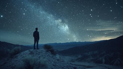 Fototapeta premium Solitary Figure Gazing at the Milky Way Over a Mountainous Landscape