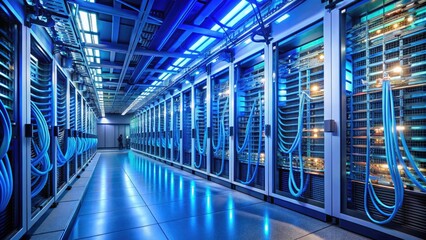 Fototapeta premium Modern server room with rows of blinking high-performance computers, colorful cables, and advanced technology equipment, illuminated by soft blue and white LED lighting.
