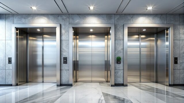 Modern silver elevator doors with sleek buttons and a glossy finish nestled in a contemporary high-rise building's sleek, minimalist corridor.