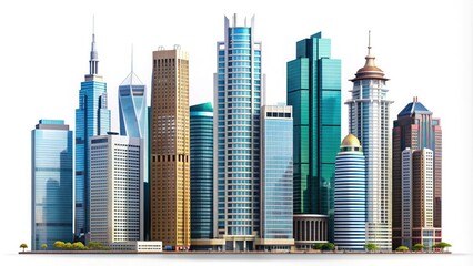 Fototapeta premium Modern skyscrapers and old architecture buildings isolated on a white background, showcasing various styles and designs in a clean and minimalist composition.