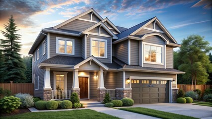 Modern suburban townhome icon in 3D illustration style, featuring a stylized two-story house with a sloping roof, windows, and a welcoming front door.