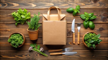Modern takeaway box and paper bag design mockup on a wooden table, surrounded by fresh herbs and utensils, ready for customization and branding.