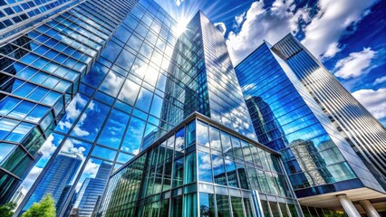Modern transparent glass and steel architecture of a sleek high-rise building reflecting a vibrant blue sky and cityscape in its shiny facade.