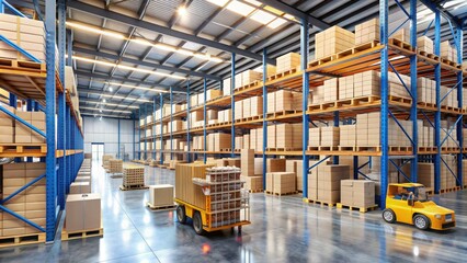Modern warehouse facility with rows of shelving units storing cardboard boxes, forklifts, and crates, highlighting the efficiency of the manufacturing and distribution process.