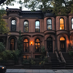 Historic Brownstone Bathed in Early Evening Glow: A Timeless Scene