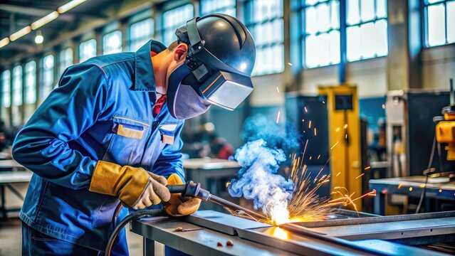 Modern welding student wearing safety gear and helmet practices skills in a well-equipped vocational college workshop filled with industrial machines and tools.