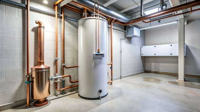 Modern water heater unit installed in a clean and organized residential basement, with copper pipes and a temperature pressure relief valve visible.