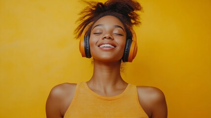 Cheerful young African American bloggers enjoy favourite playlist in headphones listens audio in music app feels happiness dance actively against yellow background move emotionally hav : Generative AI