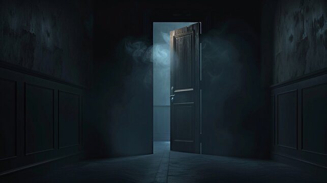 Opened door in dark room with smoke coming out. Halloween and horror concept.