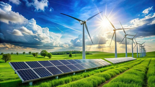 Modern wind turbines and solar panels stand together in a lush green field, symbolizing a harmonious blend of renewable energy and sustainable environmental practices.
