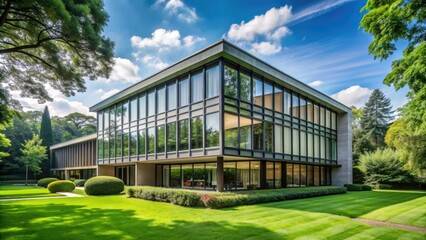 Obraz premium Modernist architecture style building with clean lines, rectangular forms, and large windows, set amidst lush greenery, exuding simplicity and functionality.