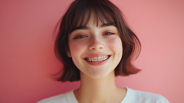 Portrait of happy female with broad smile wears brackets on teeth and casual white t shirt poses against pink background Attractive woman with bobbed hairstyle being in good mood after : Generative AI