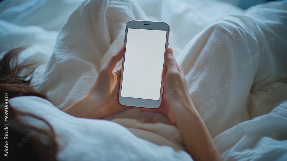 Aufkleber cropped view of female hands holding smart phone with blank screen for your text woman reading messa