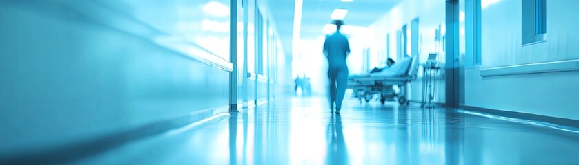 Obraz premium A blurred view of a person walking down a hospital corridor with a patient on a gurney in the background.