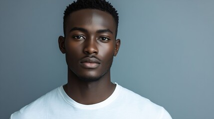 Obraz premium Close up portrait of goodlooking serious African man with healthy clean skin wearing white casual tshirt posing isolated against gray studio wall with copy space for your promotional c : Generative AI