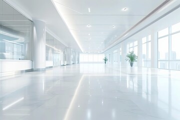 Empty white corridor with large windows, glass walls, and light reflecting off the polished marble floor.