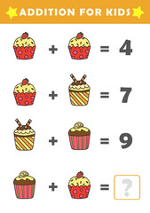 Fun Math Logic Puzzles for Kids. Math Game with Cute Cupcake Pictures. Math Activities for Children. Addition for Kids.