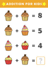 Fun Math Logic Puzzles for Kids. Math Game with Cute Cupcake Pictures. Math Activities for Children. Addition for Kids.