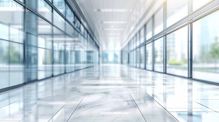 Fototapeta premium Bright corridor with large windows and marble floor in modern office building.