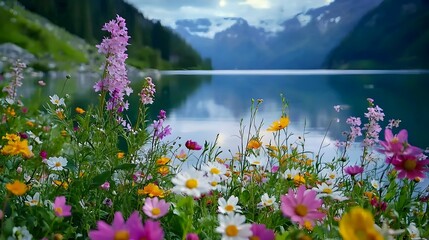 Stunning Alpine Lake Surrounded by Blooming Wildflowers in Spring Landscape
