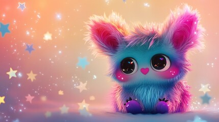 Obraz premium A fluffy, multicolored cartoon creature with a heart-shaped nose and oversized ears,