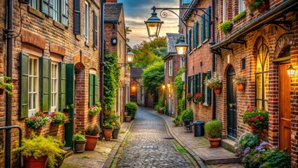 Fototapeta premium Narrow, quaint side street lined with rustic brick buildings, quaint shops, and ornate lampposts, evoking a sense of nostalgic charm and old-world elegance.