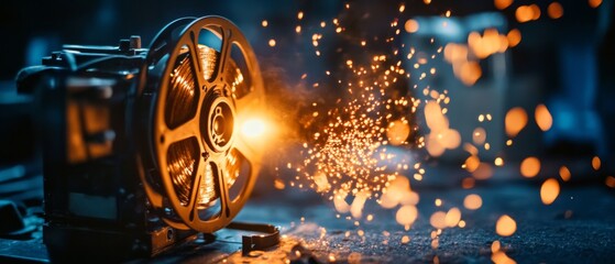 A close-up of a movie reel with sparks flying, symbolizing creativity and the magic of cinema, highlighted by dramatic lighting.