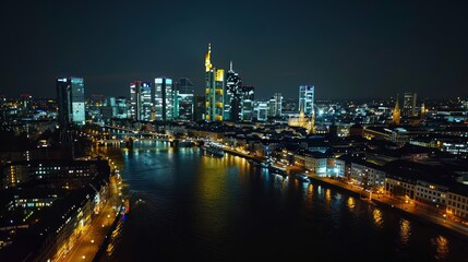 Obraz premium An aerial view of the illuminated skyline of Frankfurt am Main