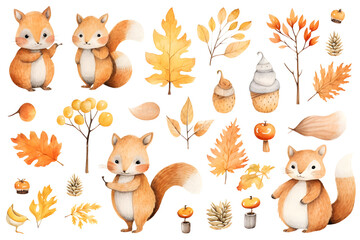 Fototapeta premium Watercolor autumn yellow leaves and plants collection isolated on white background