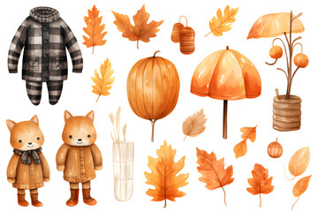 Obraz premium Watercolor autumn yellow leaves and plants collection isolated on white background