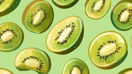 Fototapeta premium A fresh kiwi pattern with vibrant green slices arranged against a matching background,