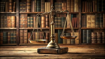 Old-fashioned brass scales of justice sit atop a worn wooden pedestal, surrounded by law books, symbolizing fairness, equality, and impartial judgment in a vintage setting.