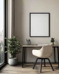 3D rendering, a mockup of a modern home office interior with a blank poster frame on the wall above a desk and chair