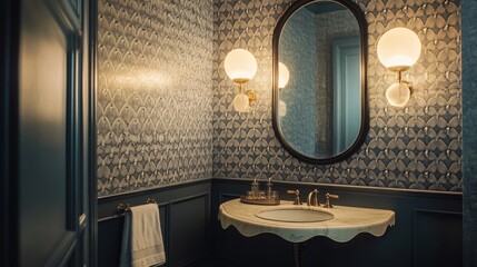 A glamorous Art Deco powder room featuring geometric patterned wallpaper, a scalloped vanity,