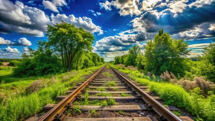 Fototapeta premium Old rusty railroad tracks intersect with a worn asphalt road, surrounded by lush green vegetation and a bright blue sky with puffy white clouds.