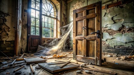Old worn wooden door with shattered glass and broken hinges lying on the floor, surrounded by debris and cobwebs, in a abandoned room atmosphere.