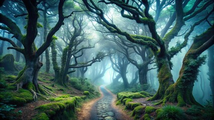 Fototapeta premium Ominous, misty forest with twisted, gnarled trees, eerie fog, and an abandoned, overgrown pathway, evoking a sense of foreboding and unease.