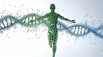 Obraz premium Abstract human figure made of green dots with a DNA strand made of blue dots behind it on a white background.