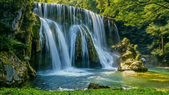Tranquil Forest Waterfall: Scenic Park Landscape and Nature Beauty