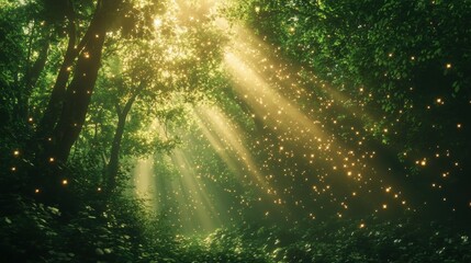 Obraz premium Sunbeams Through a Lush Green Forest with Glowing Lights
