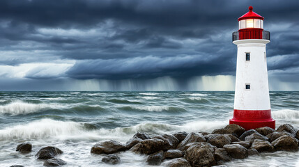 Obraz premium Lighthouse with stormy sea in the background