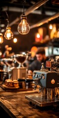 A cozy coffee shop scene featuring an espresso machine, glowing lights, and a barista preparing drinks amidst a warm ambiance.