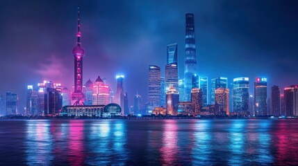 Obraz premium Illuminated Skyscrapers Reflecting in the Water at Night