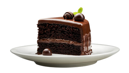 Chocolate cake slice in white plate isolated on transparent background